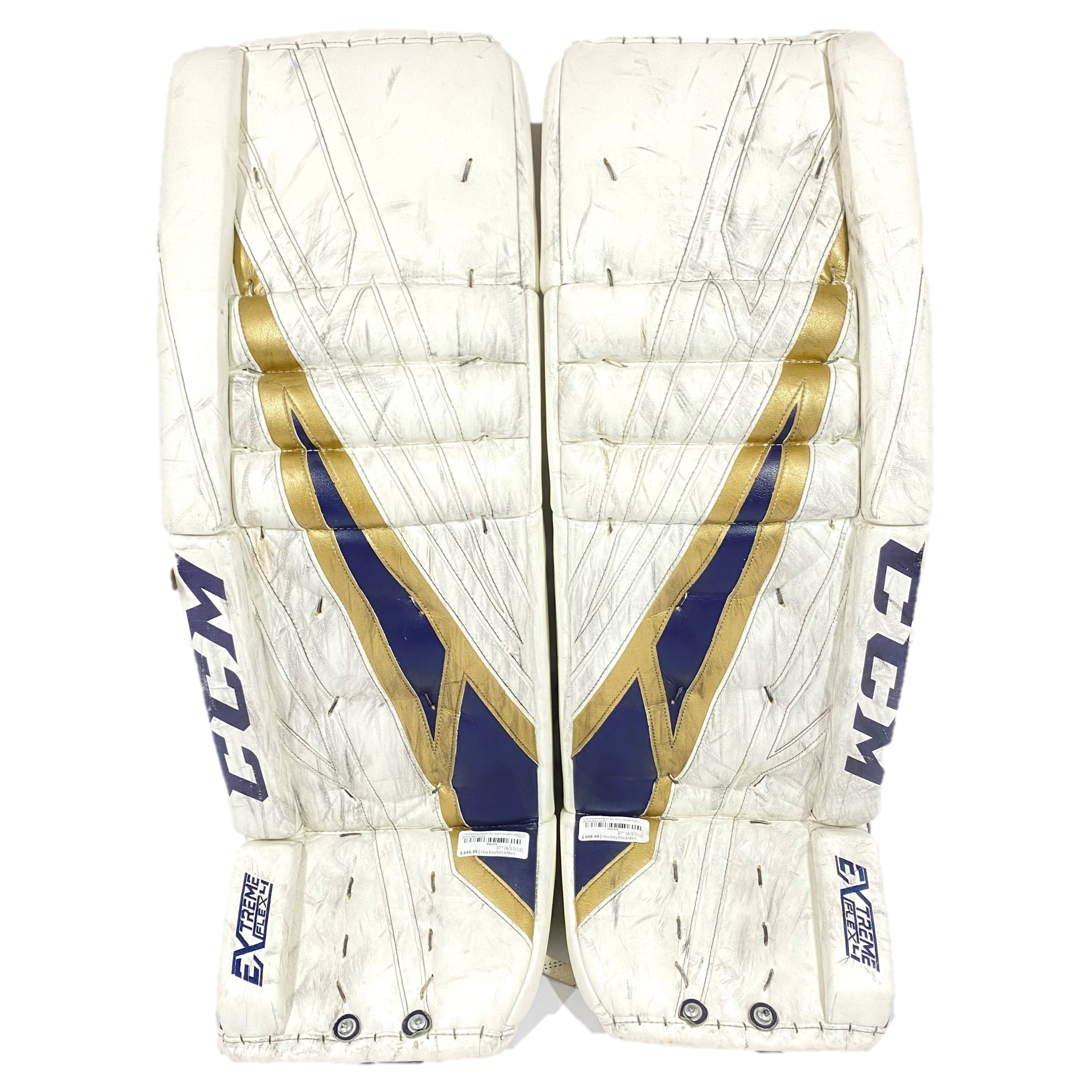 CCM Extreme Flex 4 - Used Pro Stock Goalie Pads - (White/Navy/Gold)